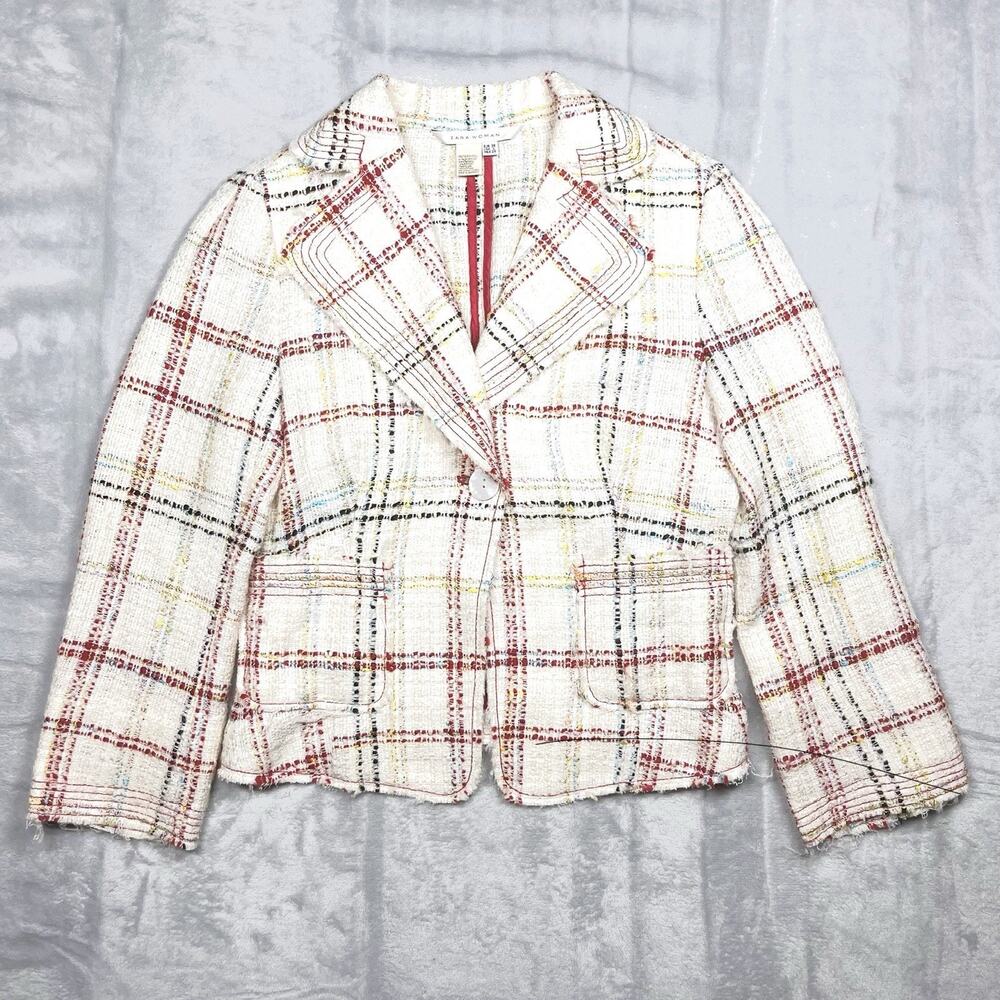 Zara Cream Red Plaid Boucle Cropped Tweed Blazer Jacket Sz 6 Deconstructed Chic